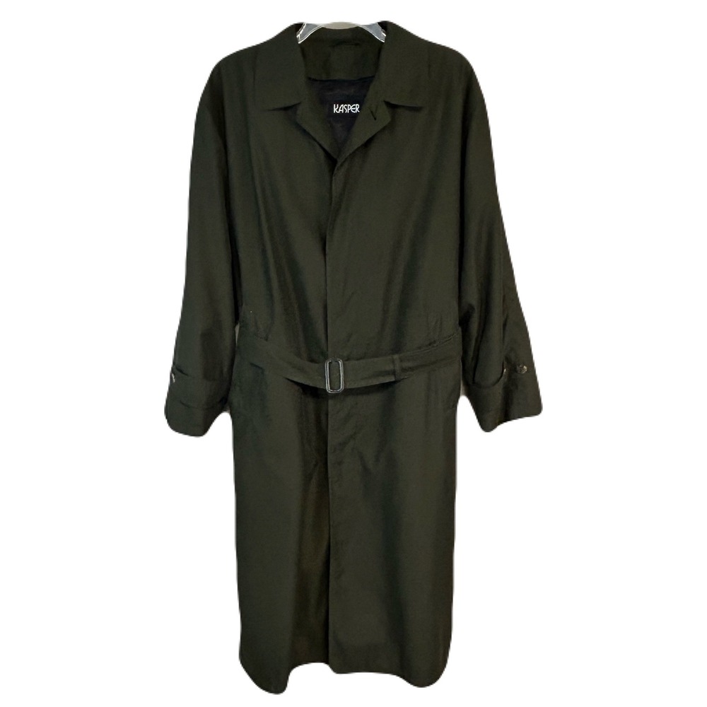 Vtg Kasper Mens Trench Coat 48L Wool Zip Out Liner Belted Green USA 90s Career